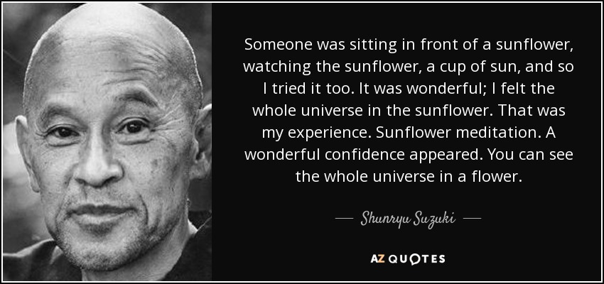 Someone was sitting in front of a sunflower, watching the sunflower, a cup of sun, and so I tried it too. It was wonderful; I felt the whole universe in the sunflower. That was my experience. Sunflower meditation. A wonderful confidence appeared. You can see the whole universe in a flower. - Shunryu Suzuki