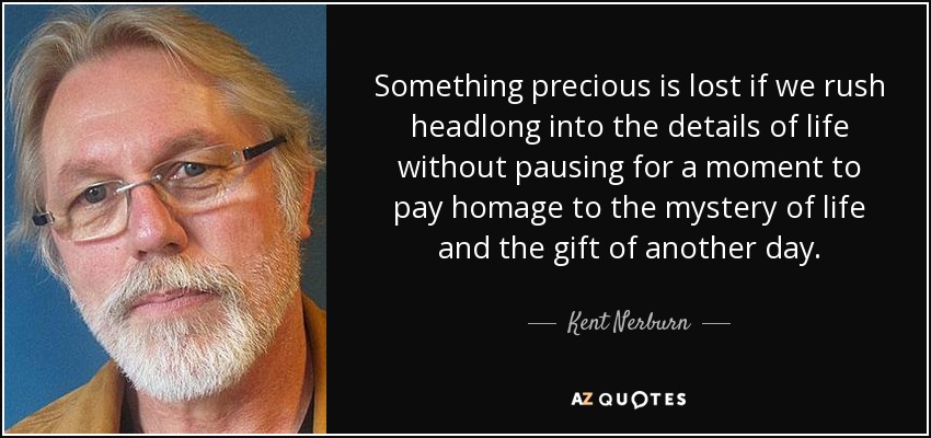 Something precious is lost if we rush headlong into the details of life without pausing for a moment to pay homage to the mystery of life and the gift of another day. - Kent Nerburn