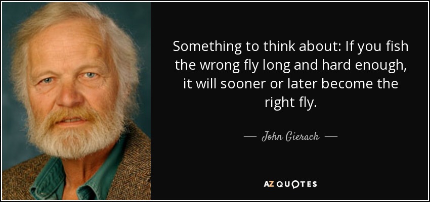 Something to think about: If you fish the wrong fly long and hard enough, it will sooner or later become the right fly. - John Gierach