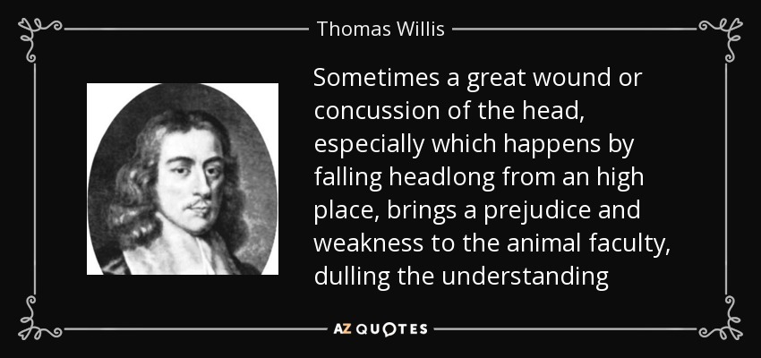 Sometimes a great wound or concussion of the head, especially which happens by falling headlong from an high place, brings a prejudice and weakness to the animal faculty, dulling the understanding - Thomas Willis