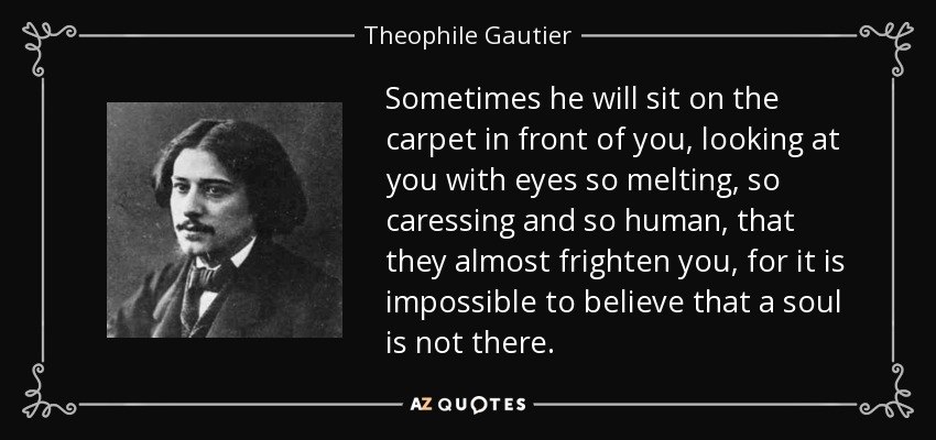 Sometimes he will sit on the carpet in front of you, looking at you with eyes so melting, so caressing and so human, that they almost frighten you, for it is impossible to believe that a soul is not there. - Theophile Gautier