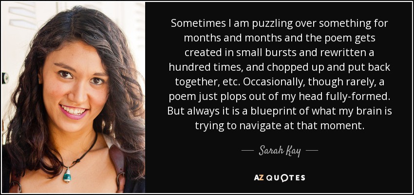 Sometimes I am puzzling over something for months and months and the poem gets created in small bursts and rewritten a hundred times, and chopped up and put back together, etc. Occasionally, though rarely, a poem just plops out of my head fully-formed. But always it is a blueprint of what my brain is trying to navigate at that moment. - Sarah Kay