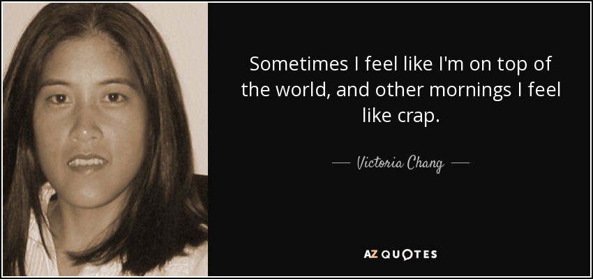 Sometimes I feel like I'm on top of the world, and other mornings I feel like crap. - Victoria Chang