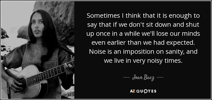 Sometimes I think that it is enough to say that if we don't sit down and shut up once in a while we'll lose our minds even earlier than we had expected. Noise is an imposition on sanity, and we live in very noisy times. - Joan Baez