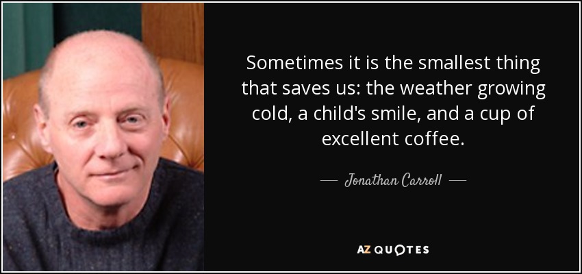 Sometimes it is the smallest thing that saves us: the weather growing cold, a child's smile, and a cup of excellent coffee. - Jonathan Carroll