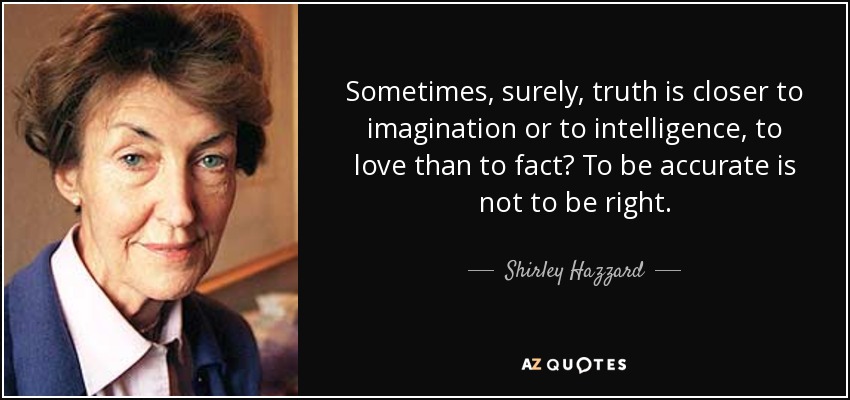 Sometimes, surely, truth is closer to imagination or to intelligence, to love than to fact? To be accurate is not to be right. - Shirley Hazzard