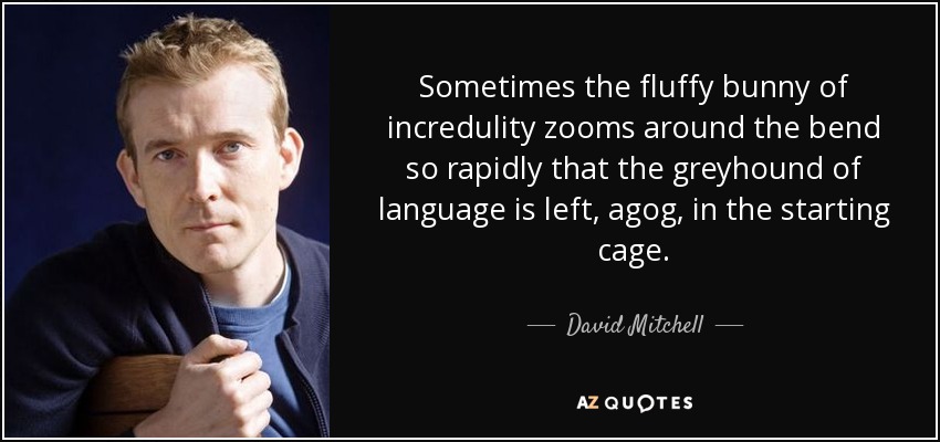 Sometimes the fluffy bunny of incredulity zooms around the bend so rapidly that the greyhound of language is left, agog, in the starting cage. - David Mitchell