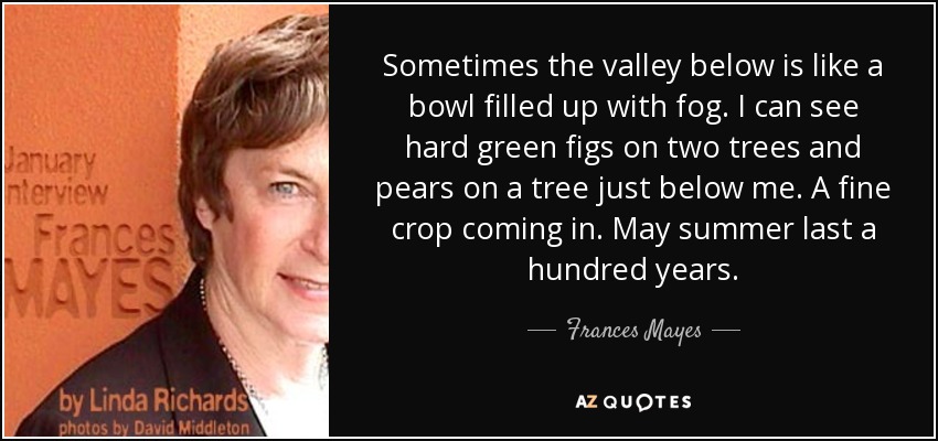 Sometimes the valley below is like a bowl filled up with fog. I can see hard green figs on two trees and pears on a tree just below me. A fine crop coming in. May summer last a hundred years. - Frances Mayes