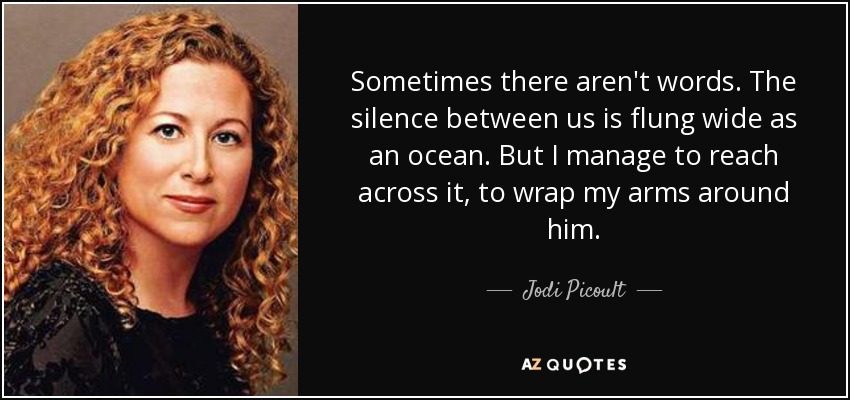 Sometimes there aren't words. The silence between us is flung wide as an ocean. But I manage to reach across it, to wrap my arms around him. - Jodi Picoult