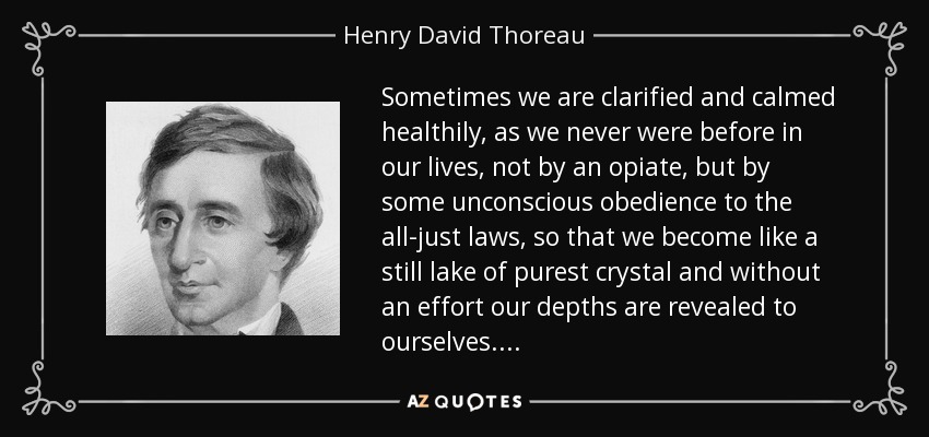 Sometimes we are clarified and calmed healthily, as we never were before in our lives, not by an opiate, but by some unconscious obedience to the all-just laws, so that we become like a still lake of purest crystal and without an effort our depths are revealed to ourselves. . . . - Henry David Thoreau