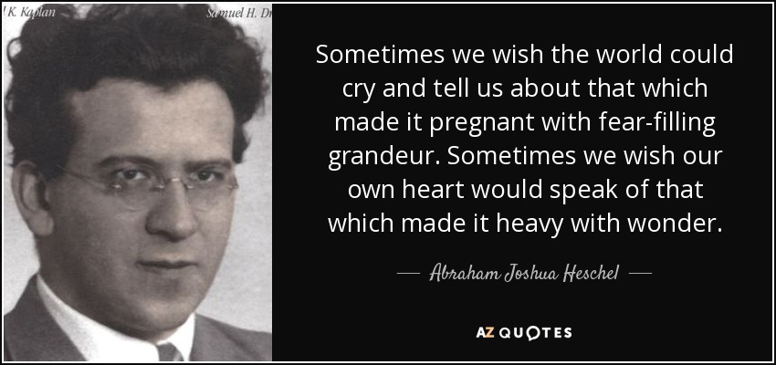 Sometimes we wish the world could cry and tell us about that which made it pregnant with fear-filling grandeur. Sometimes we wish our own heart would speak of that which made it heavy with wonder. - Abraham Joshua Heschel