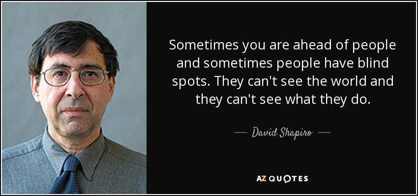 Sometimes you are ahead of people and sometimes people have blind spots. They can't see the world and they can't see what they do. - David Shapiro
