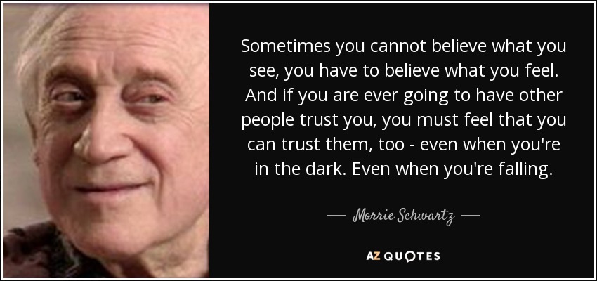 Sometimes you cannot believe what you see, you have to believe what you feel. And if you are ever going to have other people trust you, you must feel that you can trust them, too - even when you're in the dark. Even when you're falling. - Morrie Schwartz
