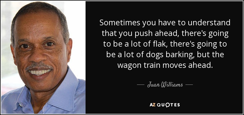 Sometimes you have to understand that you push ahead, there's going to be a lot of flak, there's going to be a lot of dogs barking, but the wagon train moves ahead. - Juan Williams