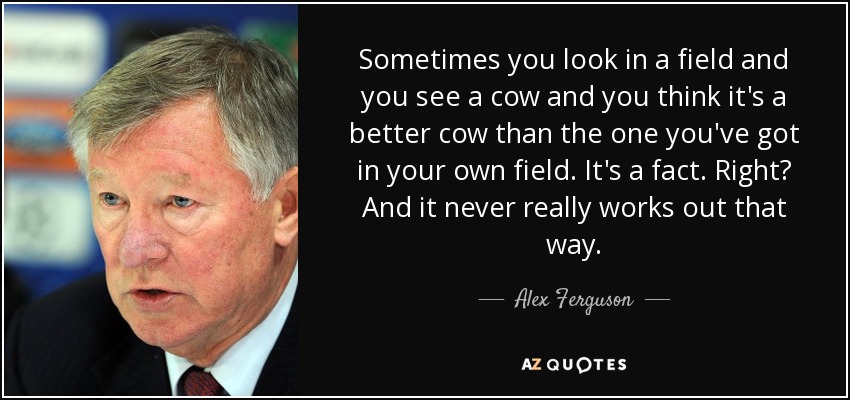 Sometimes you look in a field and you see a cow and you think it's a better cow than the one you've got in your own field. It's a fact. Right? And it never really works out that way. - Alex Ferguson