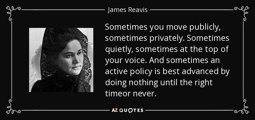 Sometimes you move publicly, sometimes privately. Sometimes quietly, sometimes at the top of your voice. And sometimes an active policy is best advanced by doing nothing until the right timeor never. - James Reavis