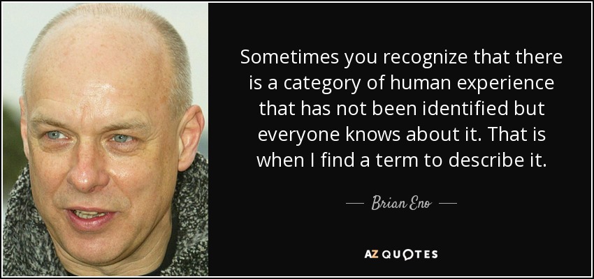 Sometimes you recognize that there is a category of human experience that has not been identified but everyone knows about it. That is when I find a term to describe it. - Brian Eno