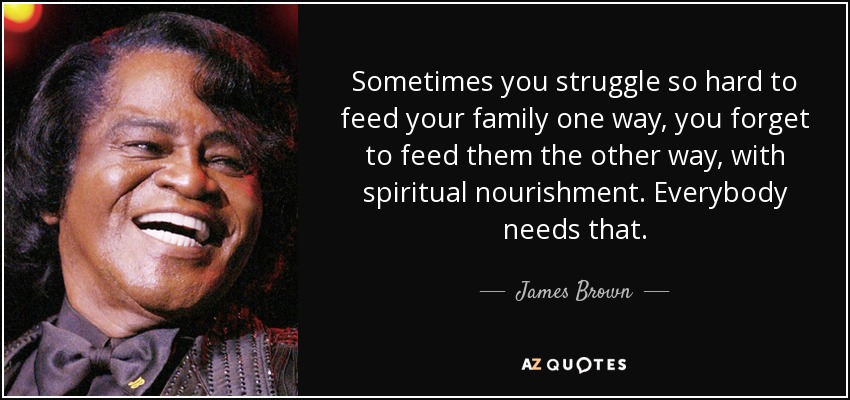 Sometimes you struggle so hard to feed your family one way, you forget to feed them the other way, with spiritual nourishment. Everybody needs that. - James Brown
