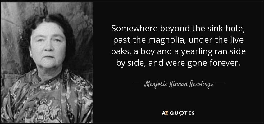 Somewhere beyond the sink-hole, past the magnolia, under the live oaks, a boy and a yearling ran side by side, and were gone forever. - Marjorie Kinnan Rawlings