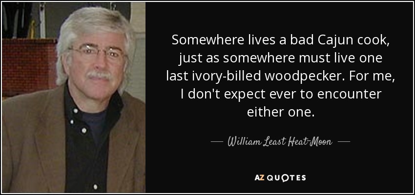 Somewhere lives a bad Cajun cook, just as somewhere must live one last ivory-billed woodpecker. For me, I don't expect ever to encounter either one. - William Least Heat-Moon