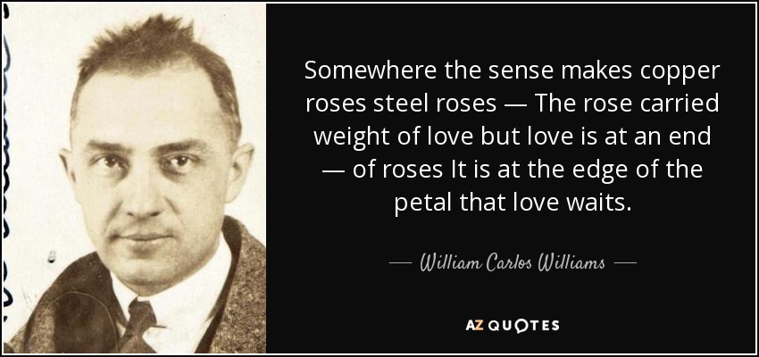Somewhere the sense makes copper roses steel roses — The rose carried weight of love but love is at an end — of roses It is at the edge of the petal that love waits. - William Carlos Williams