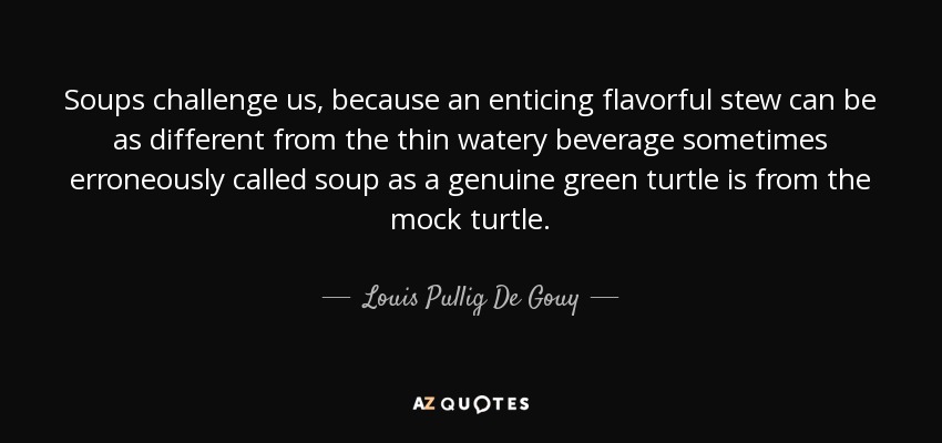 Soups challenge us, because an enticing flavorful stew can be as different from the thin watery beverage sometimes erroneously called soup as a genuine green turtle is from the mock turtle. - Louis Pullig De Gouy