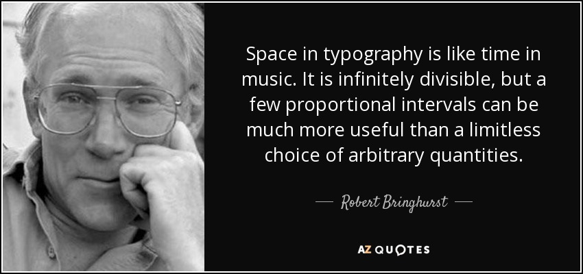 Space in typography is like time in music. It is infinitely divisible, but a few proportional intervals can be much more useful than a limitless choice of arbitrary quantities. - Robert Bringhurst