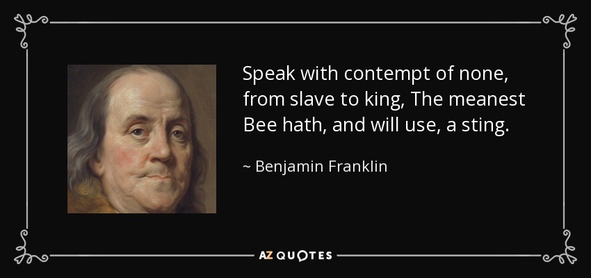 Speak with contempt of none, from slave to king, The meanest Bee hath, and will use, a sting. - Benjamin Franklin