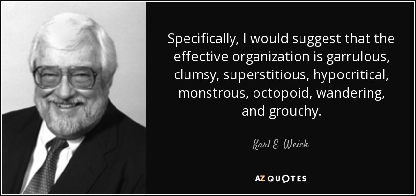 Specifically, I would suggest that the effective organization is garrulous, clumsy, superstitious, hypocritical, monstrous, octopoid, wandering, and grouchy. - Karl E. Weick