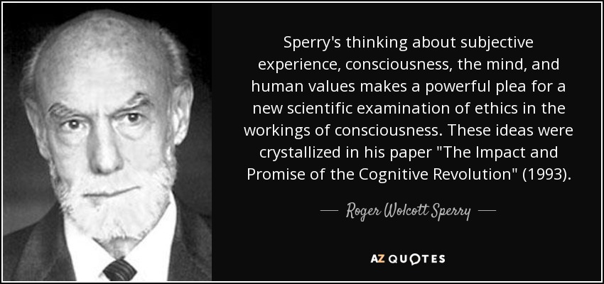 Sperry's thinking about subjective experience, consciousness, the mind, and human values makes a powerful plea for a new scientific examination of ethics in the workings of consciousness. These ideas were crystallized in his paper 