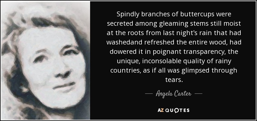 Spindly branches of buttercups were secreted among gleaming stems still moist at the roots from last night's rain that had washedand refreshed the entire wood, had dowered it in poignant transparency, the unique, inconsolable quality of rainy countries, as if all was glimpsed through tears. - Angela Carter