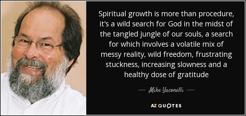 Spiritual growth is more than procedure, it’s a wild search for God in the midst of the tangled jungle of our souls, a search for which involves a volatile mix of messy reality, wild freedom, frustrating stuckness, increasing slowness and a healthy dose of gratitude - Mike Yaconelli