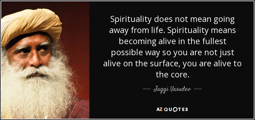 Spirituality does not mean going away from life. Spirituality means becoming alive in the fullest possible way so you are not just alive on the surface, you are alive to the core. - Jaggi Vasudev