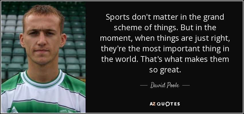 Sports don't matter in the grand scheme of things. But in the moment, when things are just right, they're the most important thing in the world. That's what makes them so great. - David Poole