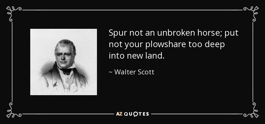 Spur not an unbroken horse; put not your plowshare too deep into new land. - Walter Scott