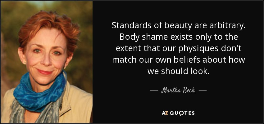 Standards of beauty are arbitrary. Body shame exists only to the extent that our physiques don't match our own beliefs about how we should look. - Martha Beck