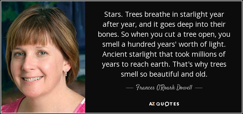 Stars. Trees breathe in starlight year after year, and it goes deep into their bones. So when you cut a tree open, you smell a hundred years' worth of light. Ancient starlight that took millions of years to reach earth. That's why trees smell so beautiful and old. - Frances O'Roark Dowell