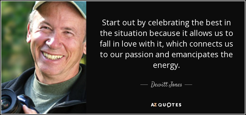 Start out by celebrating the best in the situation because it allows us to fall in love with it, which connects us to our passion and emancipates the energy. - Dewitt Jones