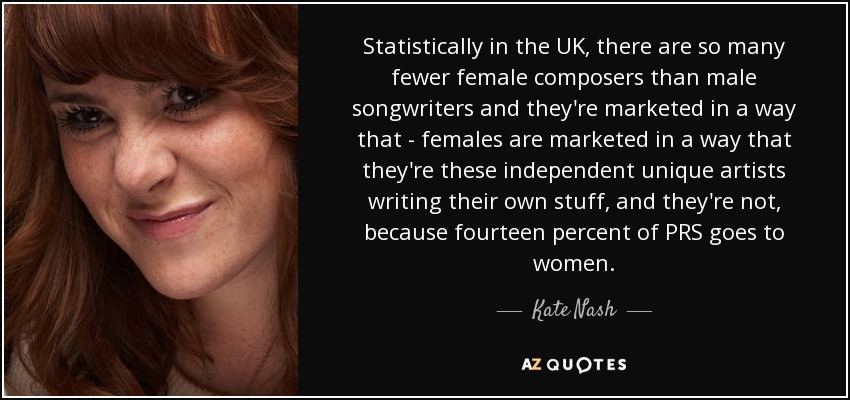 Statistically in the UK, there are so many fewer female composers than male songwriters and they're marketed in a way that - females are marketed in a way that they're these independent unique artists writing their own stuff, and they're not, because fourteen percent of PRS goes to women. - Kate Nash