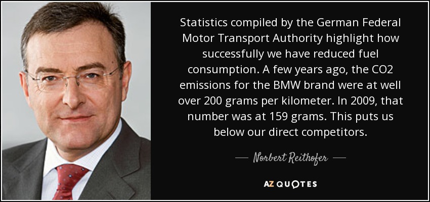 Statistics compiled by the German Federal Motor Transport Authority highlight how successfully we have reduced fuel consumption. A few years ago, the CO2 emissions for the BMW brand were at well over 200 grams per kilometer. In 2009, that number was at 159 grams. This puts us below our direct competitors. - Norbert Reithofer