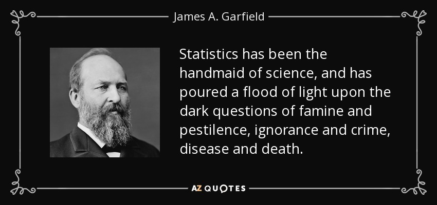 Statistics has been the handmaid of science, and has poured a flood of light upon the dark questions of famine and pestilence, ignorance and crime, disease and death. - James A. Garfield