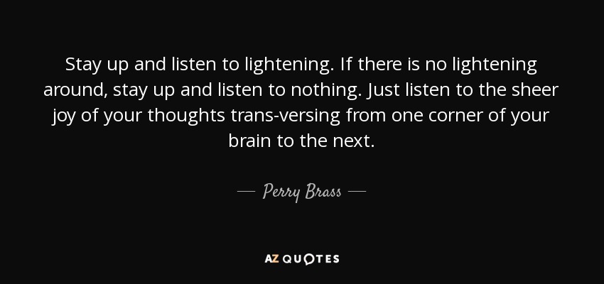 Stay up and listen to lightening. If there is no lightening around, stay up and listen to nothing. Just listen to the sheer joy of your thoughts trans-versing from one corner of your brain to the next. - Perry Brass