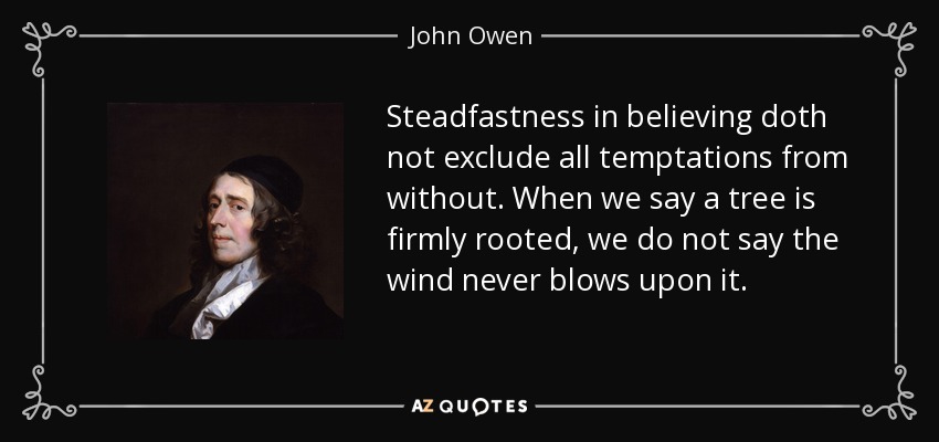 Steadfastness in believing doth not exclude all temptations from without. When we say a tree is firmly rooted, we do not say the wind never blows upon it. - John Owen