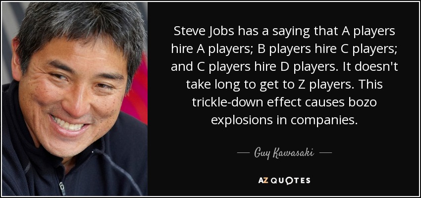 Steve Jobs has a saying that A players hire A players; B players hire C players; and C players hire D players. It doesn't take long to get to Z players. This trickle-down effect causes bozo explosions in companies. - Guy Kawasaki
