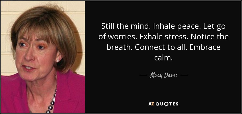 Still the mind. Inhale peace. Let go of worries. Exhale stress. Notice the breath. Connect to all. Embrace calm. - Mary Davis