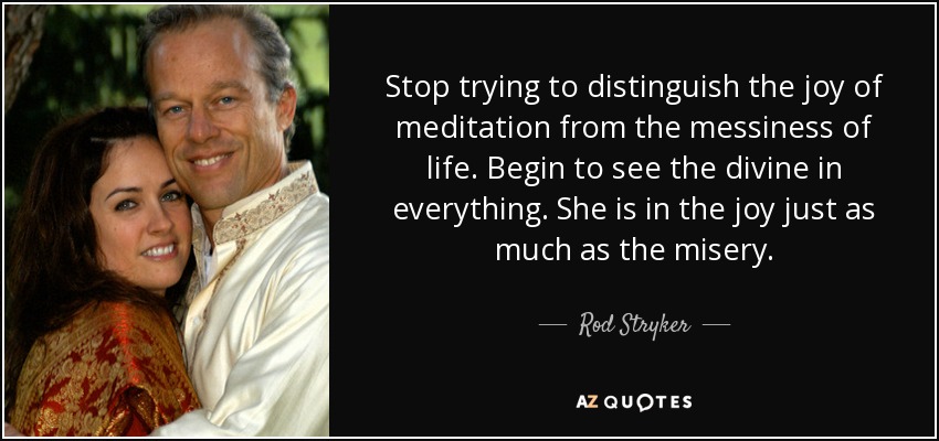Stop trying to distinguish the joy of meditation from the messiness of life. Begin to see the divine in everything. She is in the joy just as much as the misery. - Rod Stryker