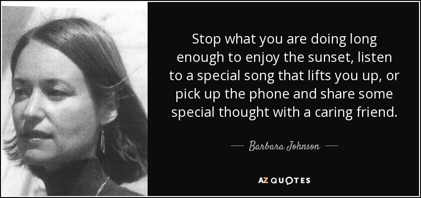 Stop what you are doing long enough to enjoy the sunset, listen to a special song that lifts you up, or pick up the phone and share some special thought with a caring friend. - Barbara Johnson
