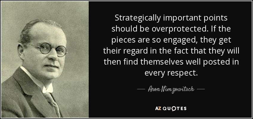 Strategically important points should be overprotected. If the pieces are so engaged, they get their regard in the fact that they will then find themselves well posted in every respect. - Aron Nimzowitsch