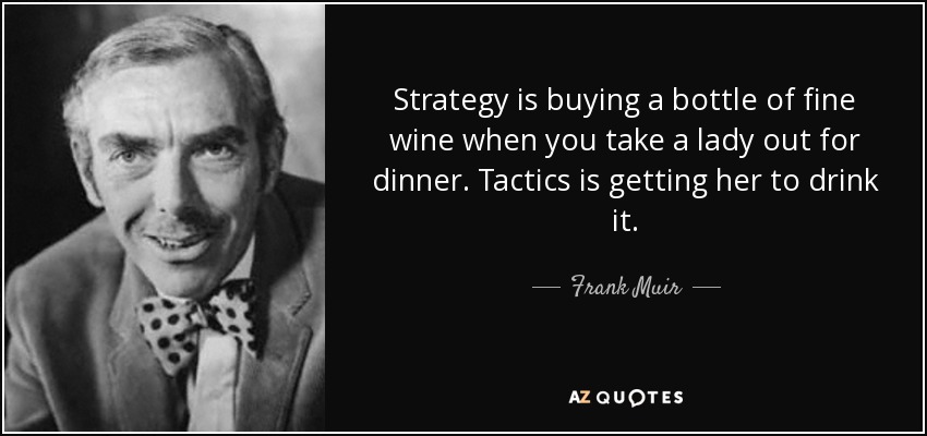 Strategy is buying a bottle of fine wine when you take a lady out for dinner. Tactics is getting her to drink it. - Frank Muir