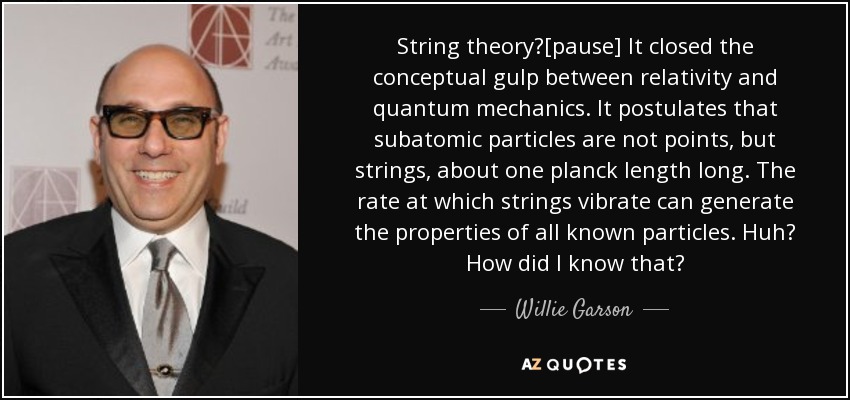 String theory?[pause] It closed the conceptual gulp between relativity and quantum mechanics. It postulates that subatomic particles are not points, but strings, about one planck length long. The rate at which strings vibrate can generate the properties of all known particles. Huh? How did I know that? - Willie Garson